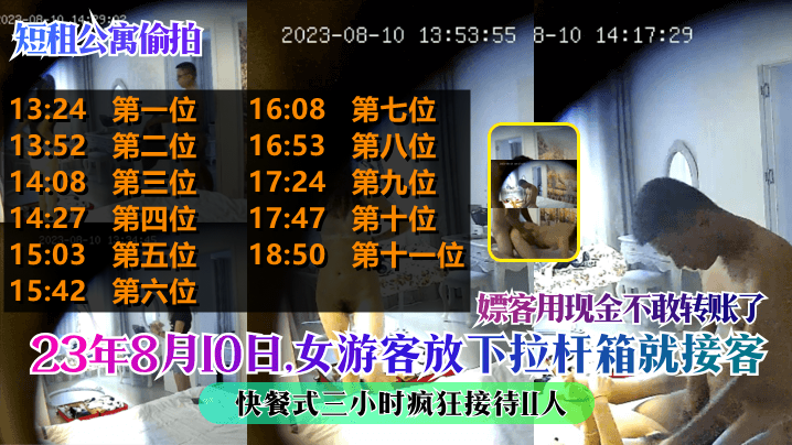 短租公寓偷拍23年8月10日女游客放下拉杆箱就接客快餐式三小时疯狂接待11人嫖客用现金不敢转账了- www.jdav.vip